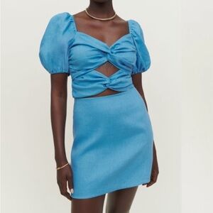 Linen Reformation Two Piece Matching Set Crop Top and Mini Skirt in Cobalt Blue